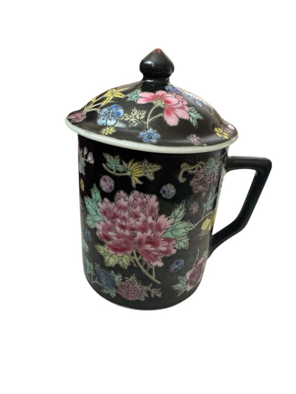 Floral Enamel-Look Ceramic Tea Mug with Lid - Black Pink Floral